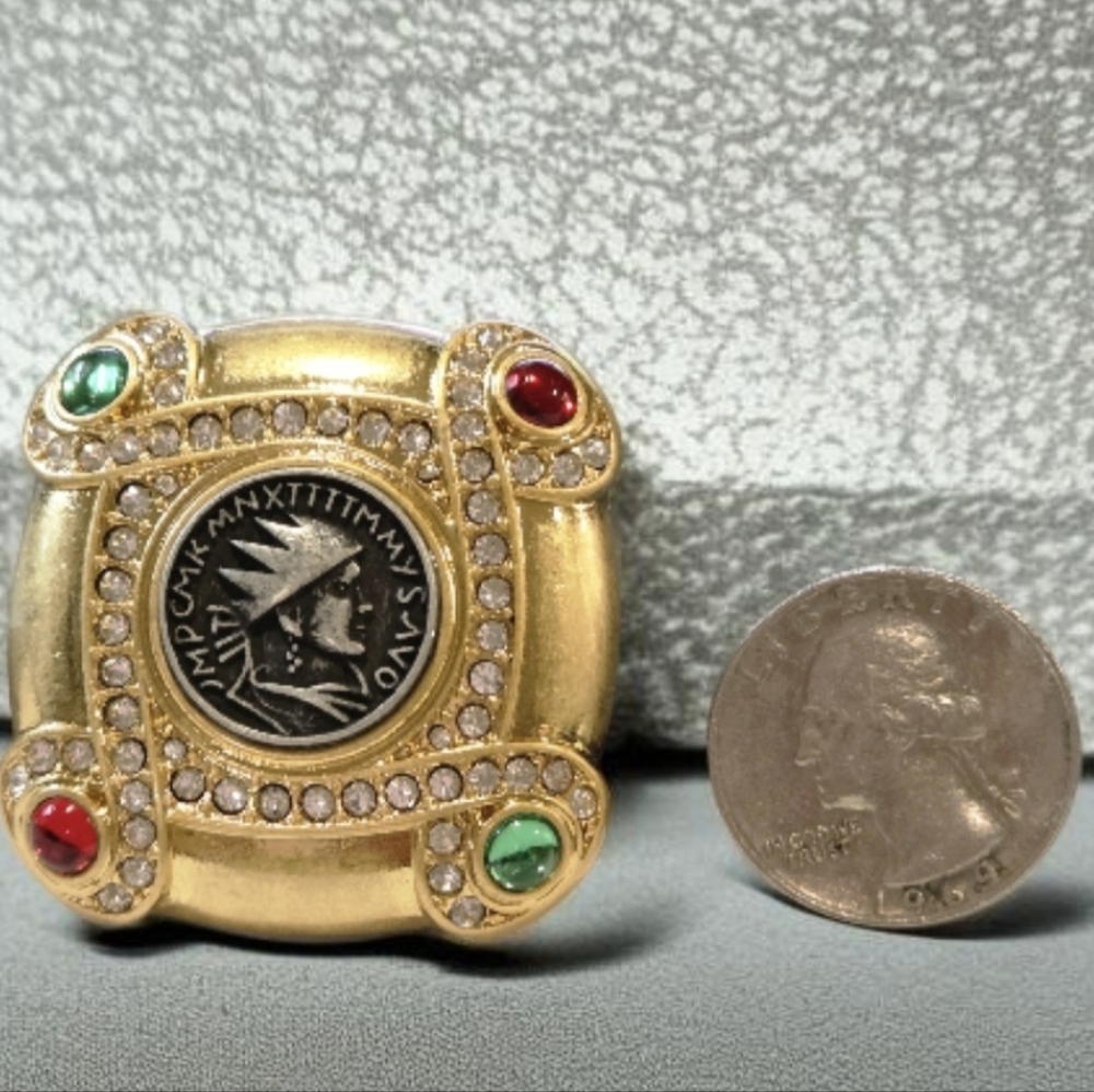 Matte Gold Etruscan Revival Coin Mogul  Glass Cabochon Crystal Brooch - Picture 4 of 5